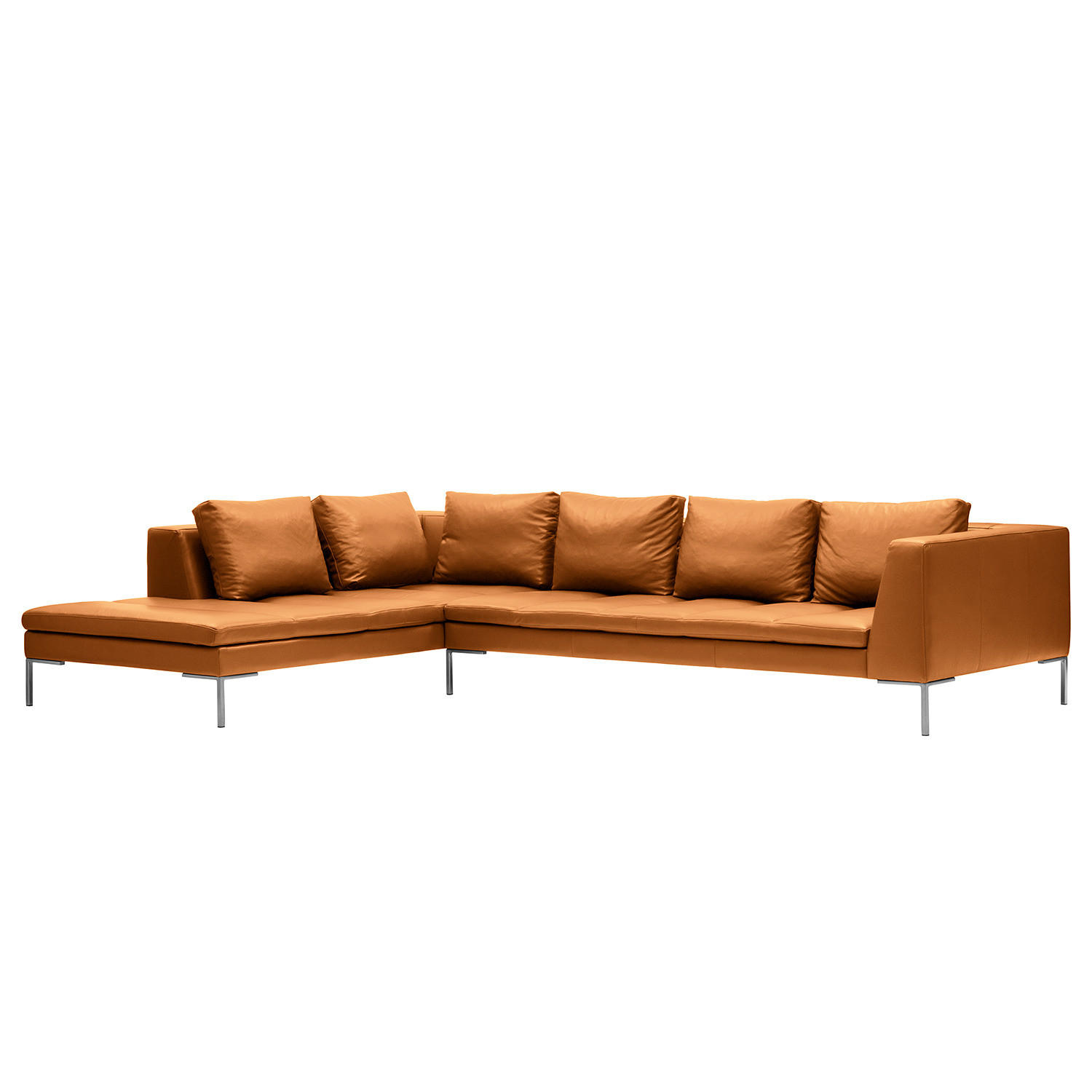 ECKSOFA mit Ottomane - Chromfarben/Cognac, Leder/Metall (319/230cm) - home24