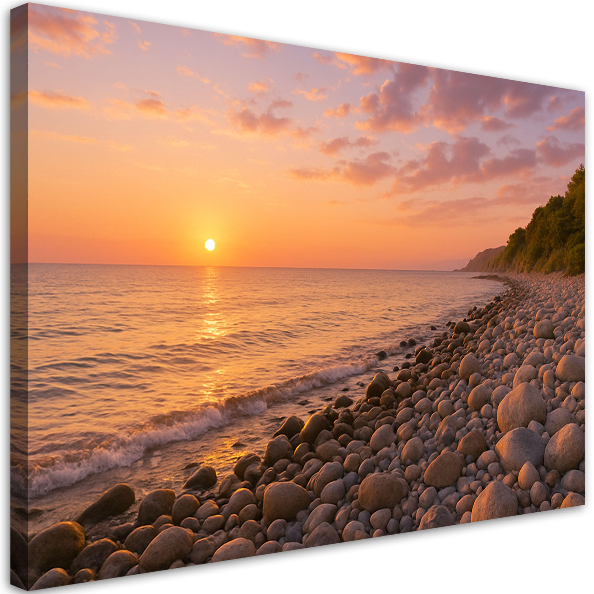 LEINWANDBILD Sonnenuntergang Strand Meeressteine 60x40cm - Orange, Textil (60/40cm) - Feeby