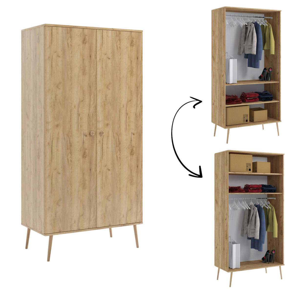 KLEIDERSCHRANK NATURA, 100 cm, Eiche Craft, mit Kleiderstange - Naturfarben, Holz (100/202/52cm) - Excellent Home