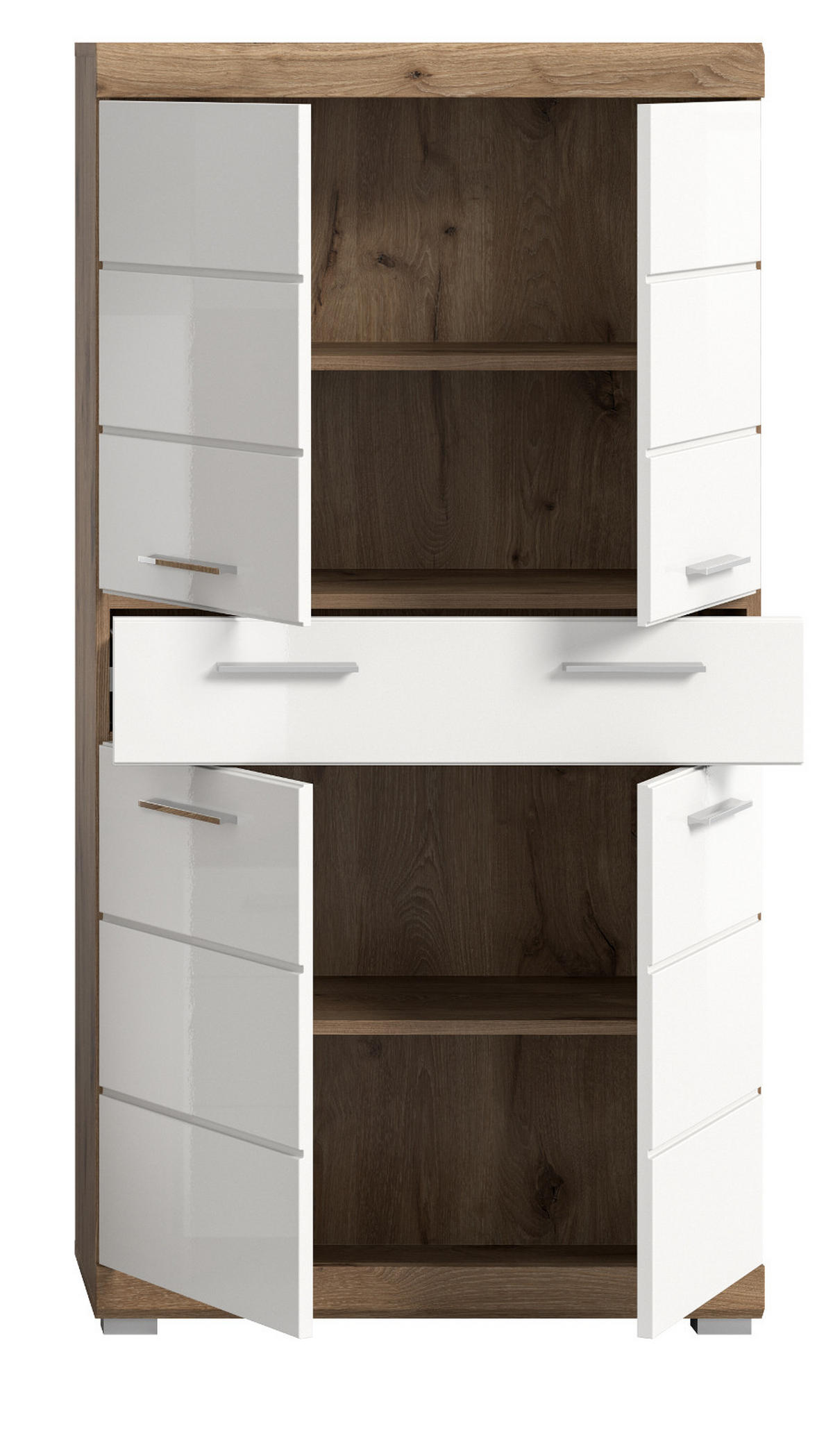 MIDISCHRANK weiß Hochglanz, Eiche 74 cm, Badschrank 4-türig - Chromfarben/Weiß Hochglanz, Holzwerkstoff/Kunststoff (74/141/31cm) - Inn.Furn
