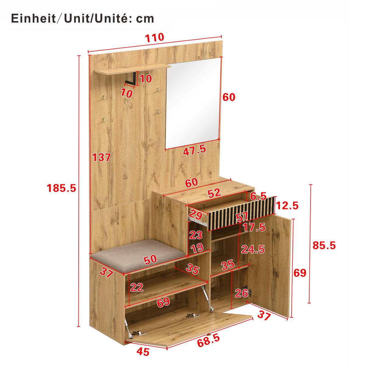 DIELENGARDEROBE 110/37/185,5 cm mit Spiegel, Sitzbank und Stauraum - Schwarz, Holzwerkstoff (110/185.5/37cm) - BEAOK