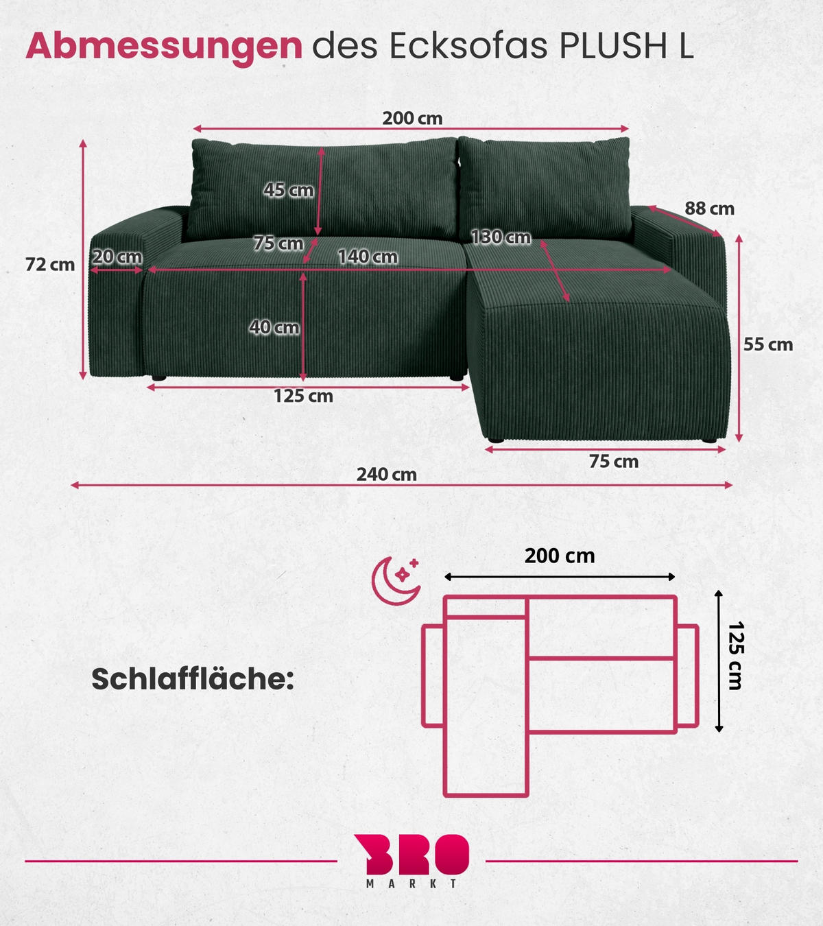 ECKSOFA PLUSH mit Schlaffunktion Grün Cord - Grün, Textil (240/145cm) - Bromarkt