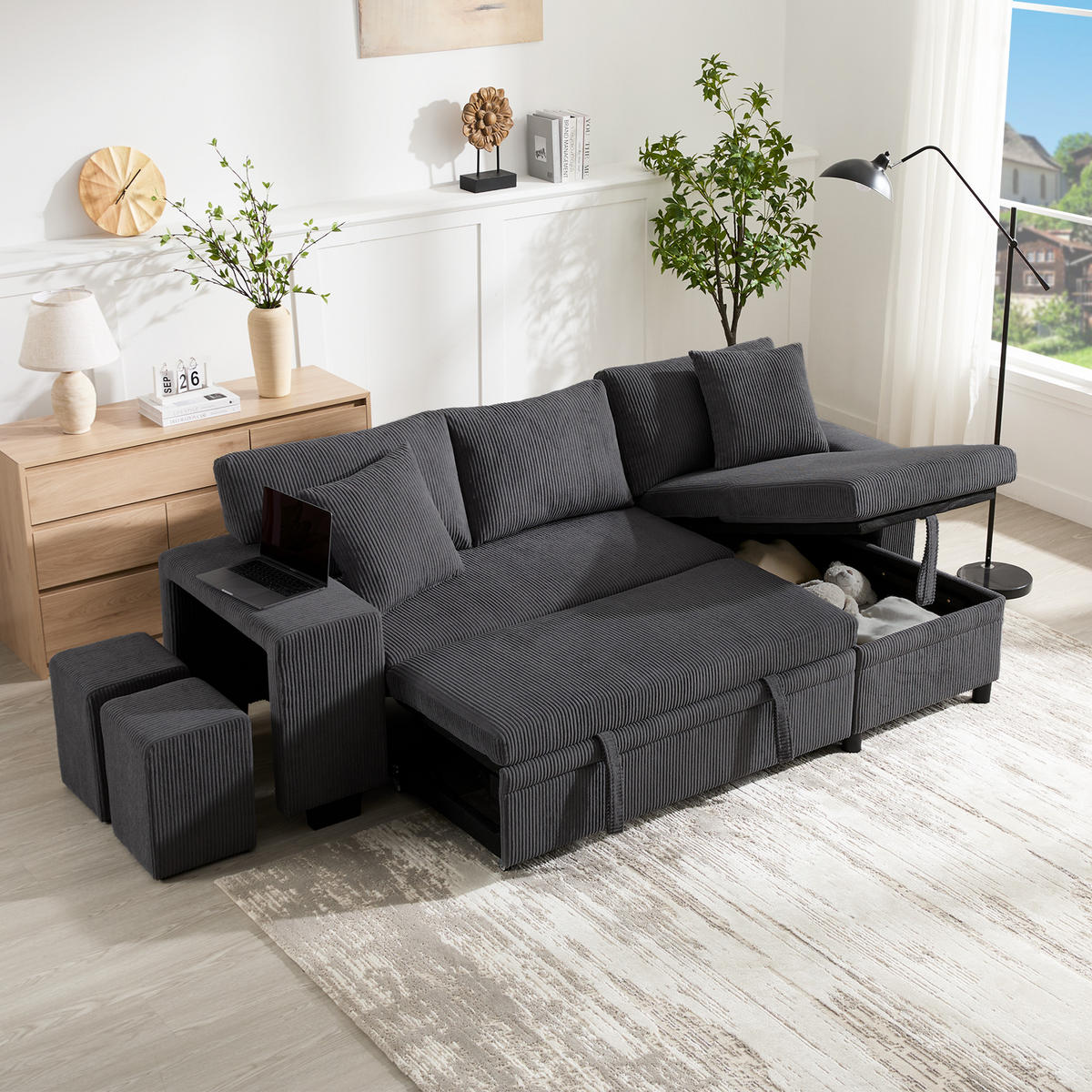 KLAPPSOFA L-Form 3-Sitzer Umbau mit USB-Ladung & Ablage Stauraum Grau - Grau, Holz (73/51.49/53.98cm) - FLIEKS