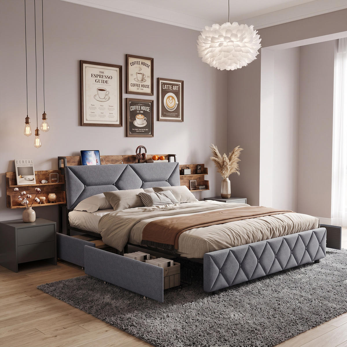 POLSTERBETT 160x200 mit Stauraum, 4 Schubladen und Steckdose, Lattenrost, Kopfteil mit verstecktem Stauraum, Grau - Grau, Holz/Textil (160/200cm) - GENKI LIVING