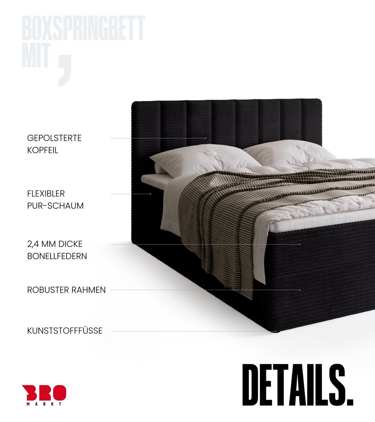 BOXBETT DENVER mit Topper 140x200 Schwarz - Schwarz, Textil (140/200cm) - Bromarkt