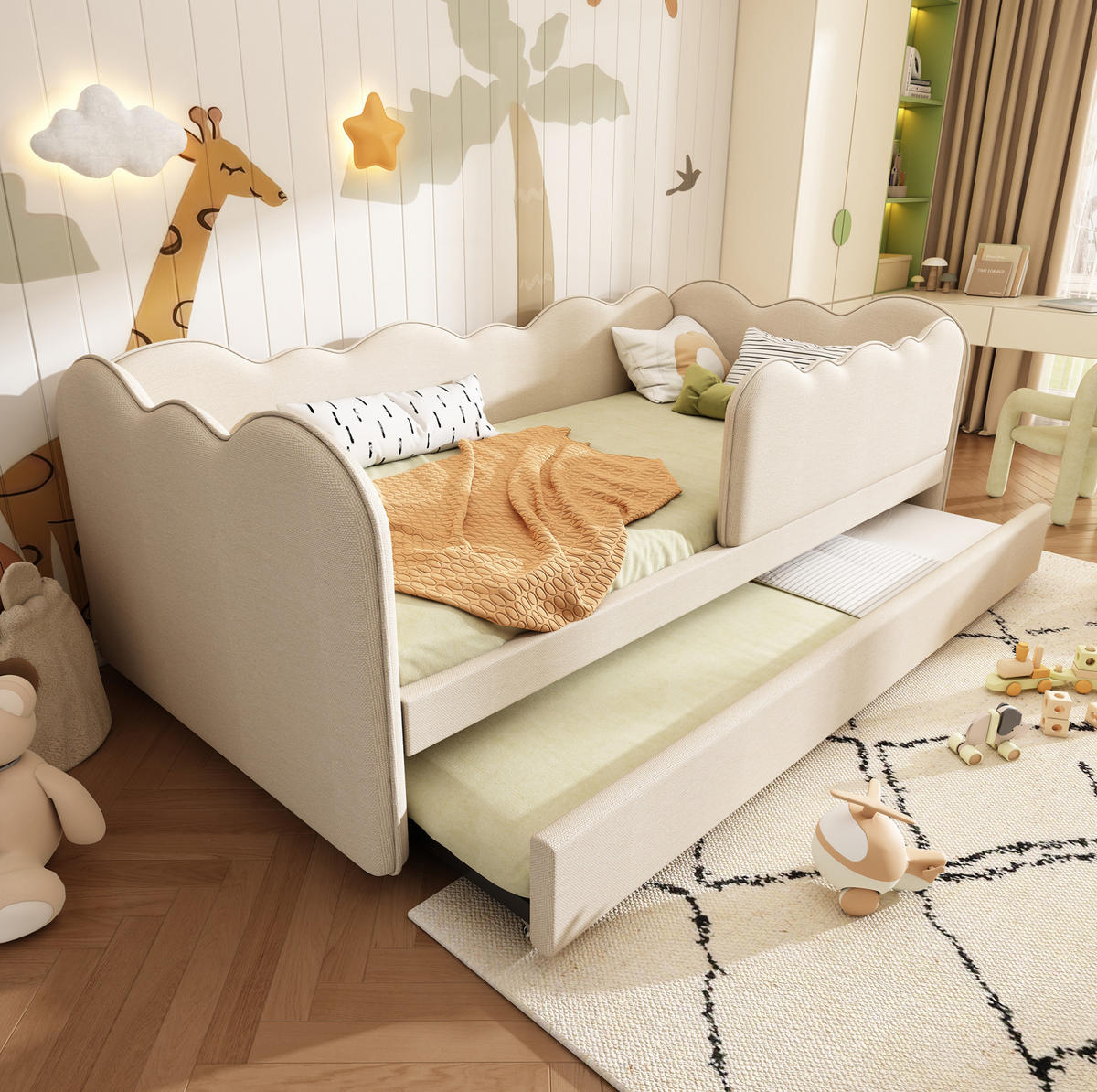 TAGESBETT mit Ausziehbett 90/190 cm, Beige, Leinen - Beige, Textil (90/190cm) - MIVRAY