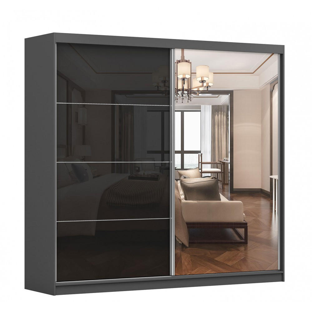 SCHWEBETÜRENSCHRANK MULTI 31 Grau/Schwarz + Spiegel 233 cm - Schwarz/Alufarben, Glas/Holzwerkstoff (233/218/61cm) - imoebel24