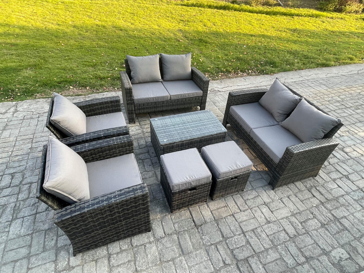 GARTENSOFA Hohe Rückenlehne Polyrattan Dunkelgrau 8-Sitzer - Dunkelgrau, Metall - Fimous