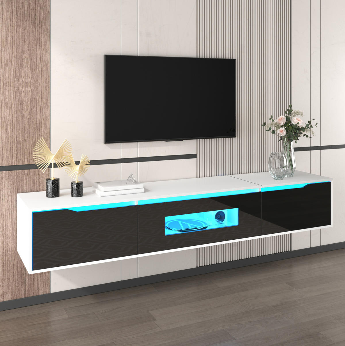 LOWBOARD 180/35/30 cm aus Holzwerkstoff mit LED-Beleuchtung und geriffelten Fronten Weiß/Schwarz - Schwarz, Holzwerkstoff (180/35/30cm) - Modenvie