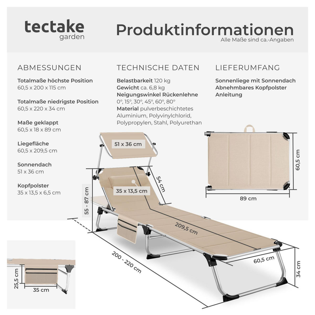 SONNENLIEGE aus Aluminium Lorella, 200 x 60,5 x 34 cm, mit Seitentasche, beige - Beige, Kunststoff (60.5/115/200cm) - tectake