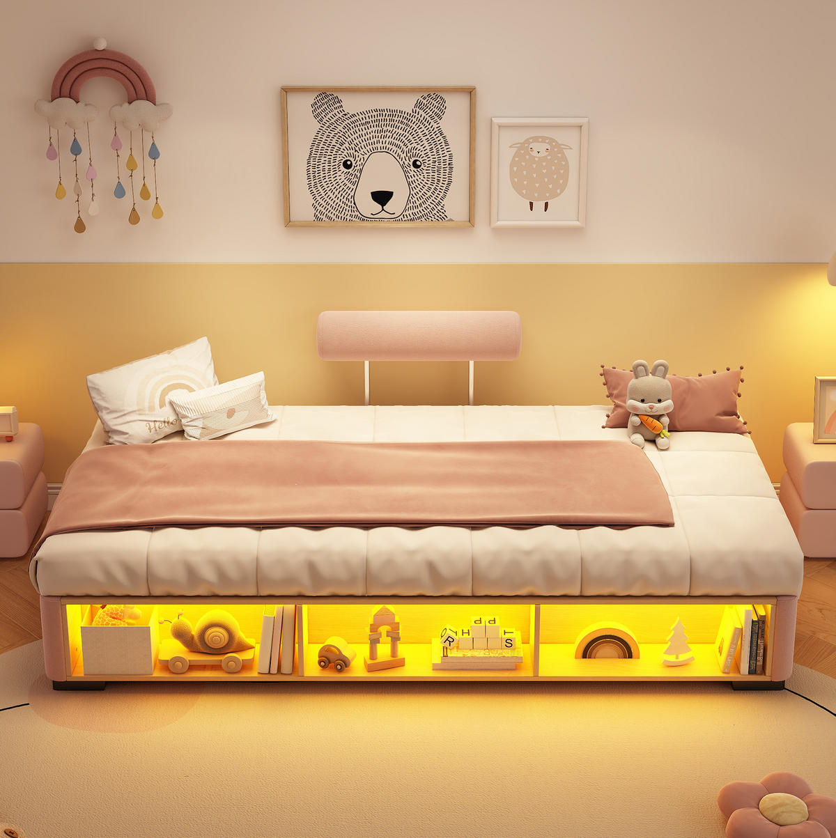 POLSTERBETT 90/200 cm Rosa mit LED und Stauraum ohne Matratze - Rosa, Textil (90/200cm) - MIVRAY