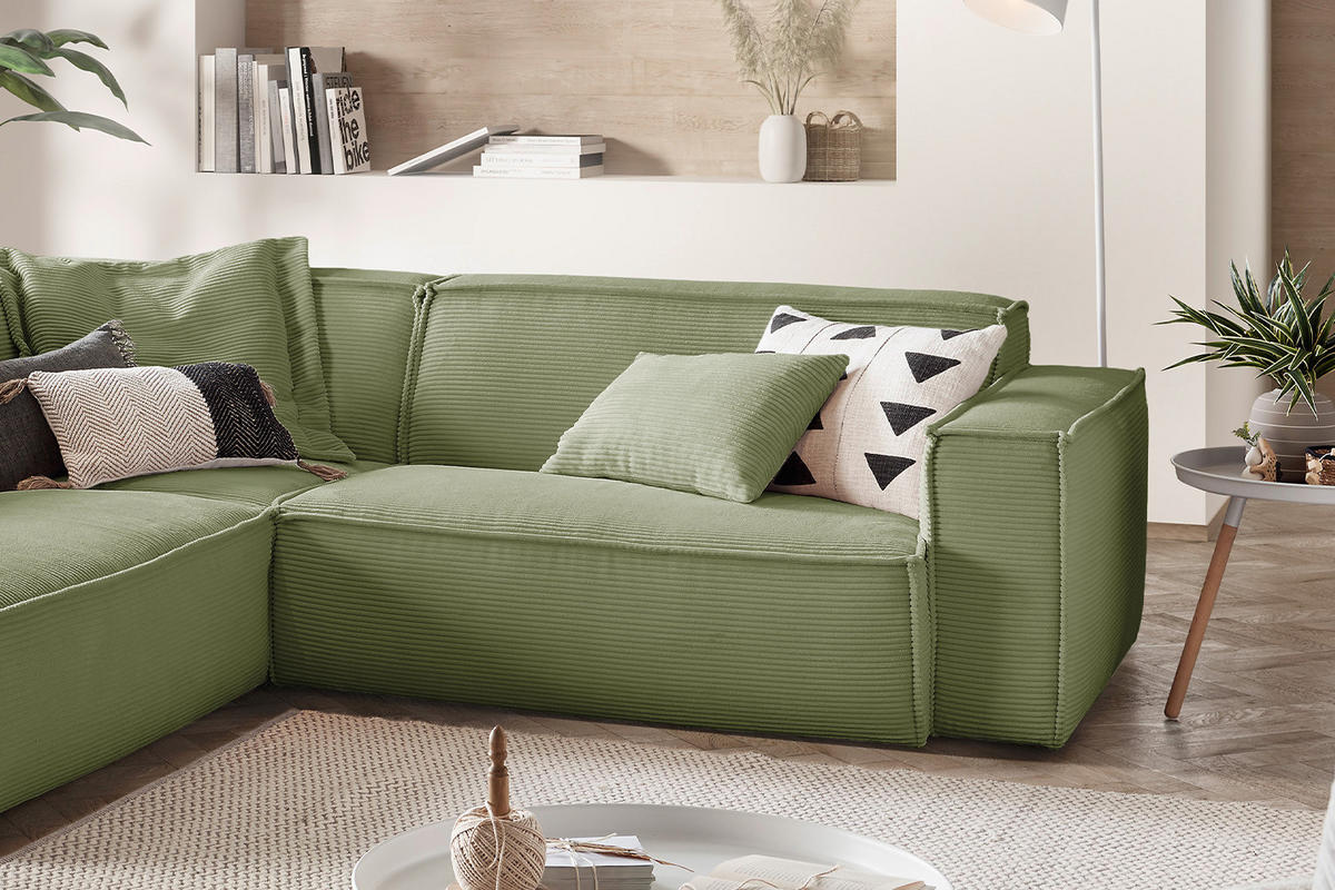ECKSOFA SAMU Grün Cord - Schwarz/Olivgrün, Textil (254/224cm) - KAWOLA
