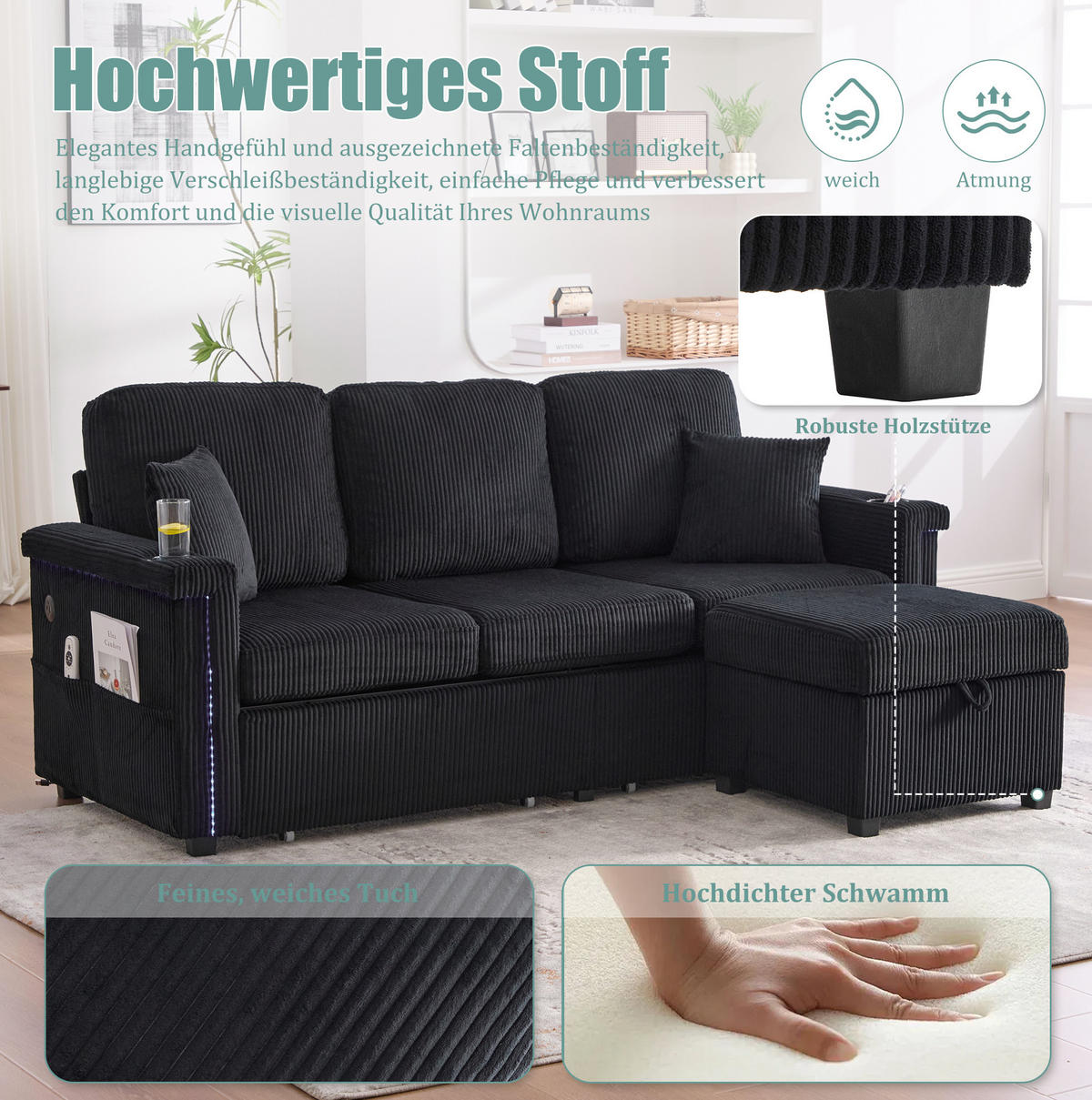 ECKSOFA Corduroy mit LED und USB-Anschluss Stauraum-Schubladen 194/73/81 cm Schwarz - Schwarz, Textil (73/194cm) - Redom