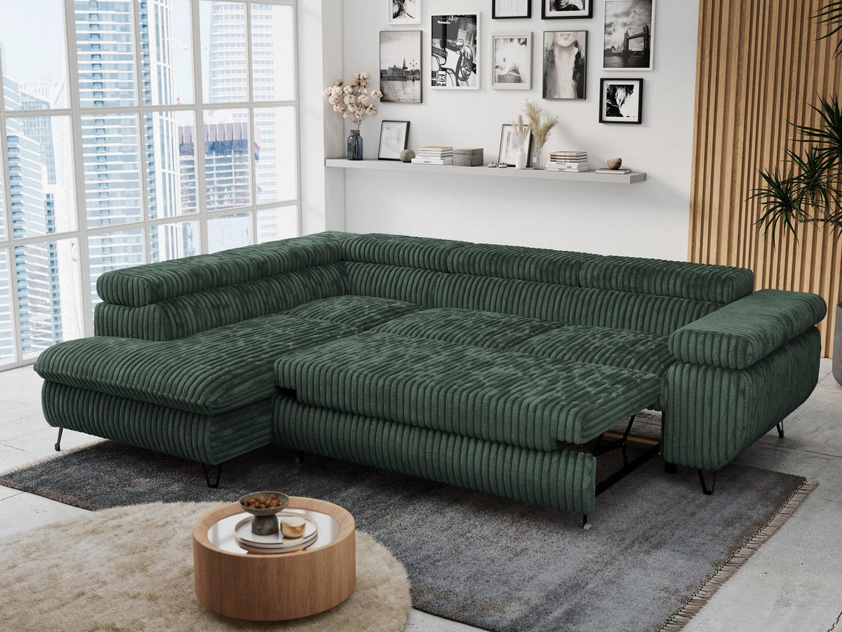 ECKSOFA PETER L Grün Cord - Links Seite - Schwarz/Grün, Textil/Metall (208/273cm) - MKS