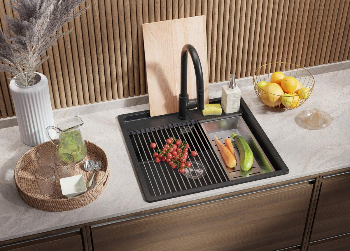 SPÜLBECKEN Bergen, 2-er set Anthrazit 56/53 cm 1 Becken + Ablauf-Set + Schneidebrett ab 60er Unterschrank - Chromfarben/Anthrazit, Kunststoff (56/20/53cm) - Primagran