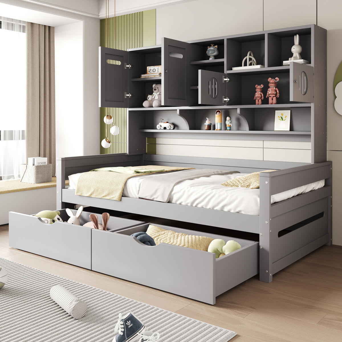 STAURAUMBETT 90/200 cm DE-01412, in Grau, mit 2 Schubladen und Staufächern - Grau, Holz (90/200cm) - ComfortXL