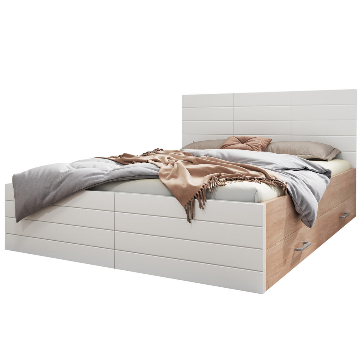 POSTEĽ 207/80/185 cm z masívneho dreva a MDF biela/dub, s úložným priestorom a roštom - biela, kompozitné drevo (180/200cm) - BEAOK