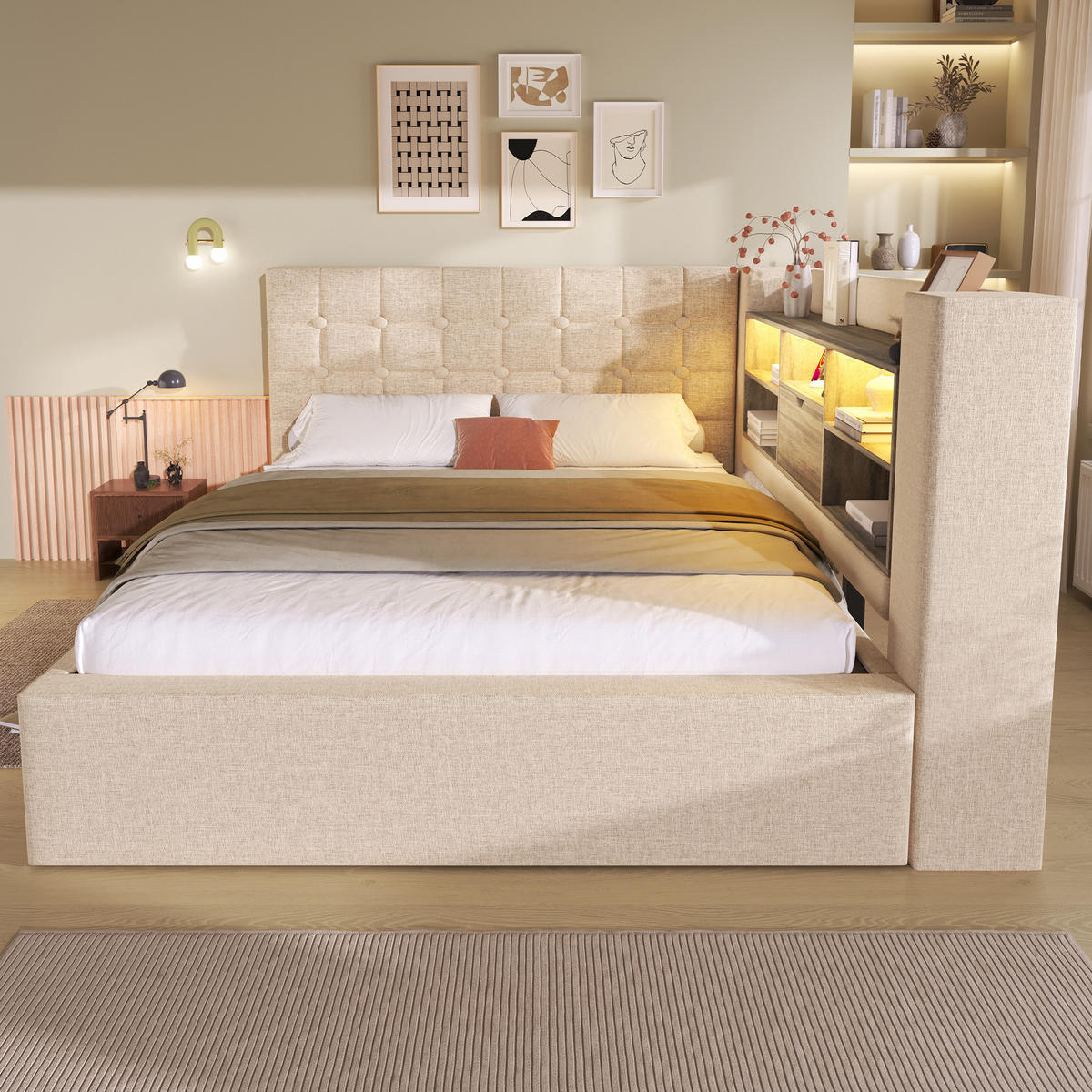 POLSTERBETT 140/190 cm Beige aus Leinen mit Stauraum Hydraulik und LED-Beleuchtung - Beige, Textil (140/190cm) - OKWISH