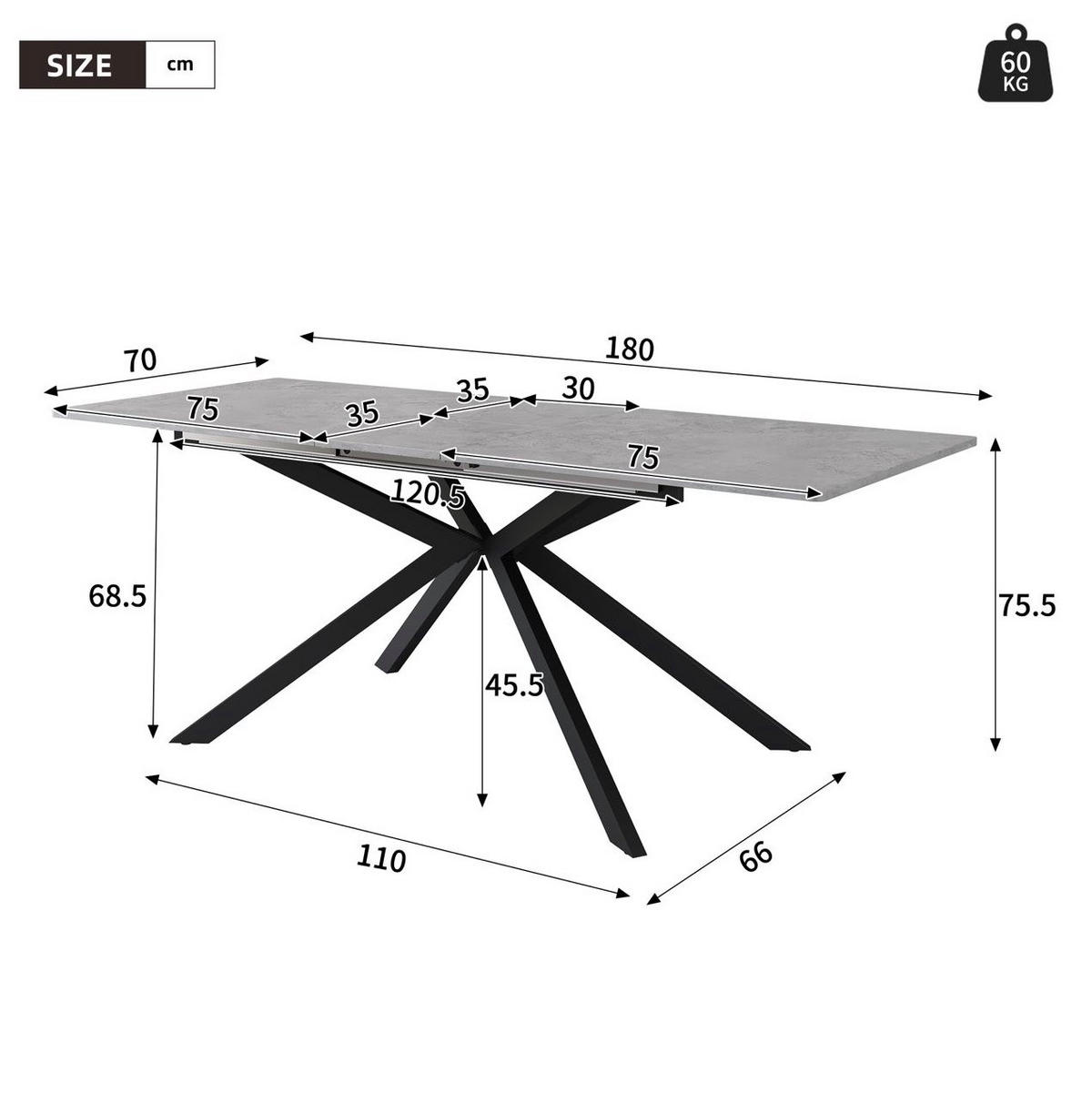 ESSTISCH 150/70/76 cm Schwarz Grau ausziehbar mit Kreuzgestell in Zementoptik - Grau, Holzwerkstoff (180/70/75.5cm) - OKWISH