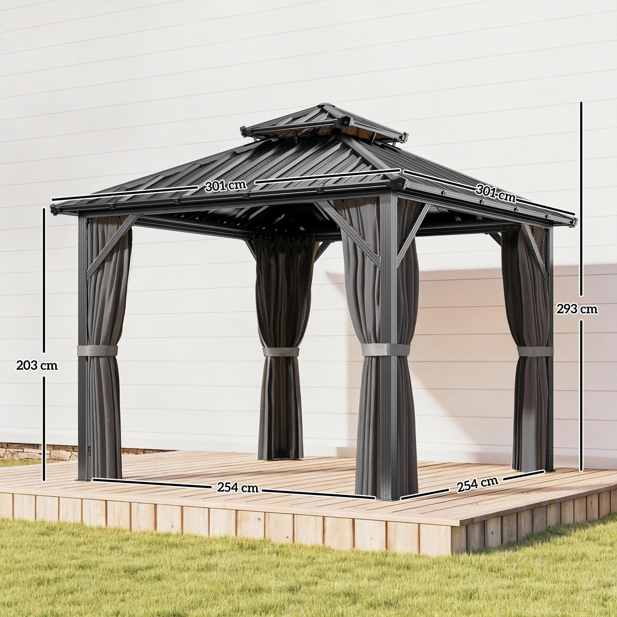 PAVILLON DE-12761 300/300 cm Doppeldach aus Stahl mit Moskitonetz Dunkelgrau - Dunkelgrau, Metall (301/293/301cm) - ComfortXL