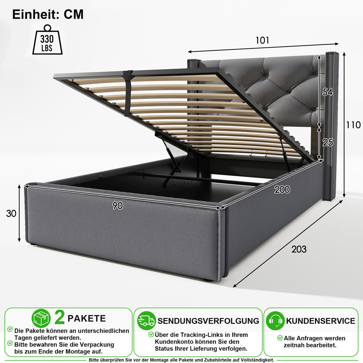 ČALOUNĚNÁ POSTEL 90/200 cm v šedé barvě s úložným prostorem - šedá, kov/kompozitní dřevo (90/200cm) - CHICFURN