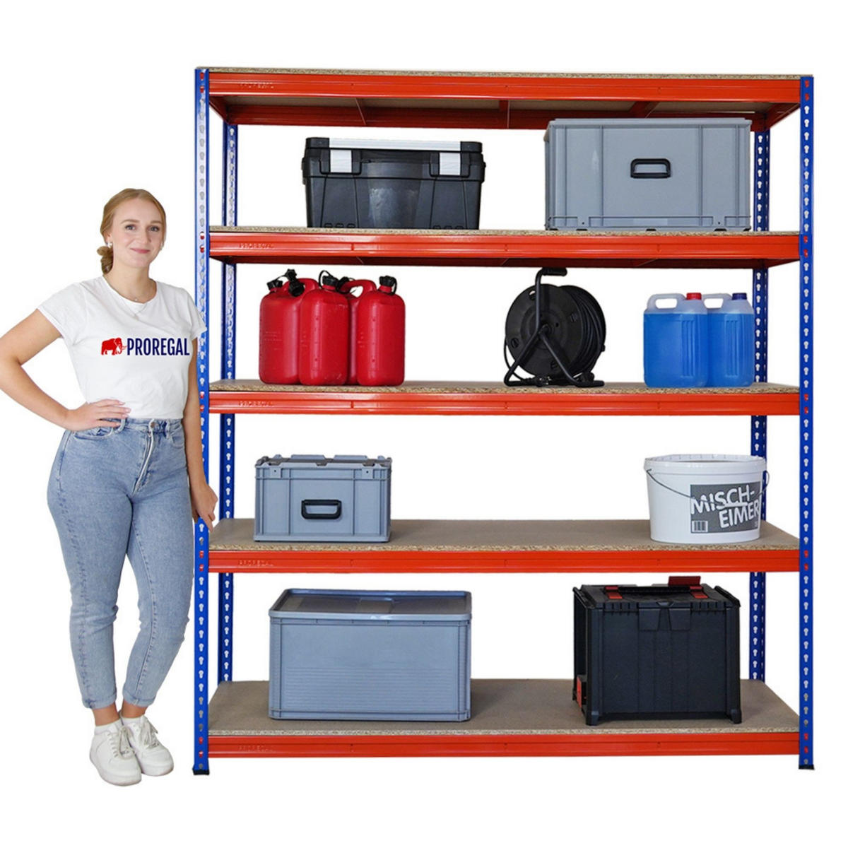 SCHWERLASTREGAL Bison 200x180x60 cm 5 Spanplatten-Ebenen 16mm Fachlast 600 kg Blau-Orange - Blau, Metall (180/200/60cm) - PROREGAL