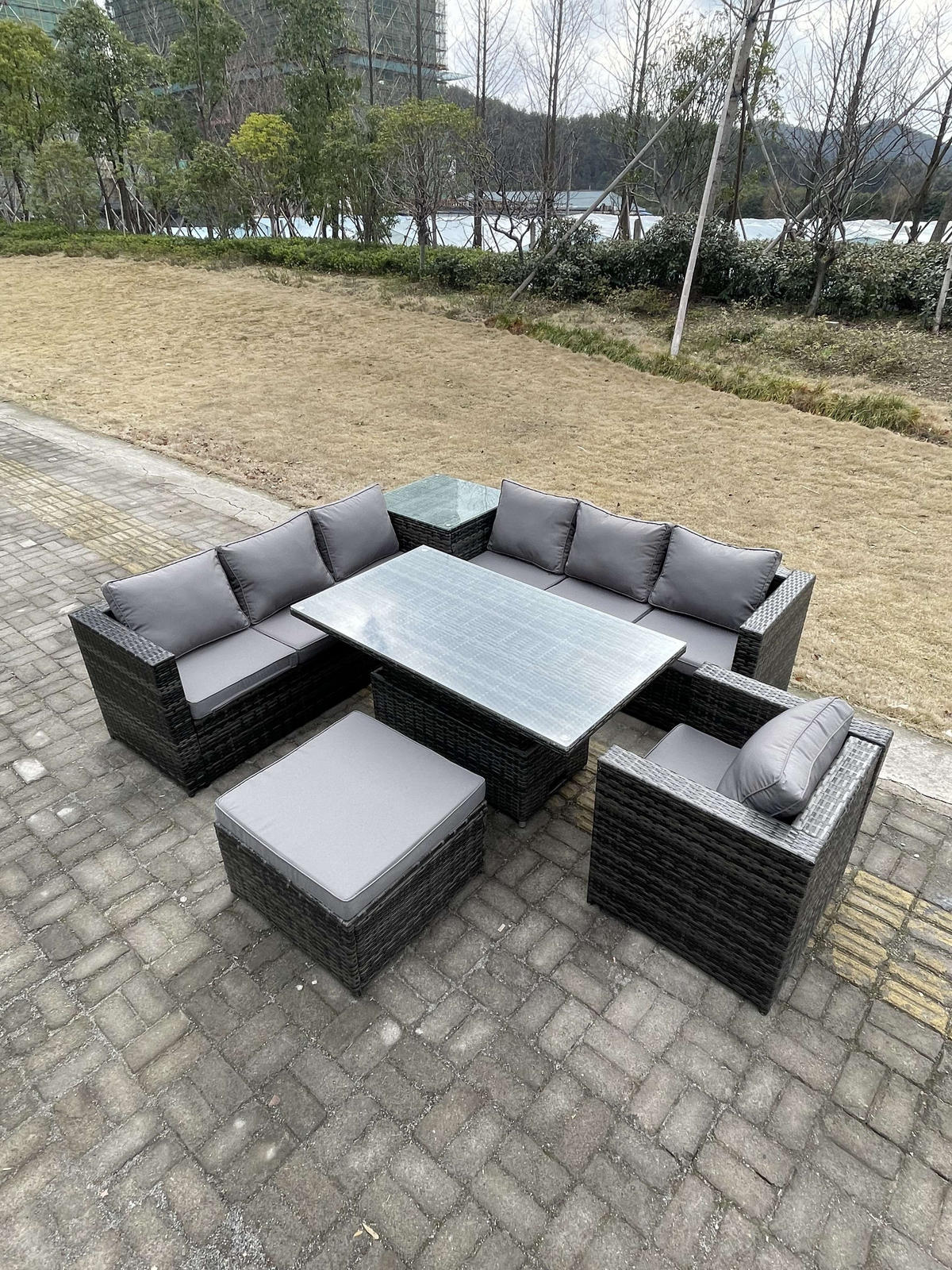 LOUNGESOFA Polyrattan 8-Sitzer - Dunkelgrau/Grau, Glas/Kunststoff - Fimous