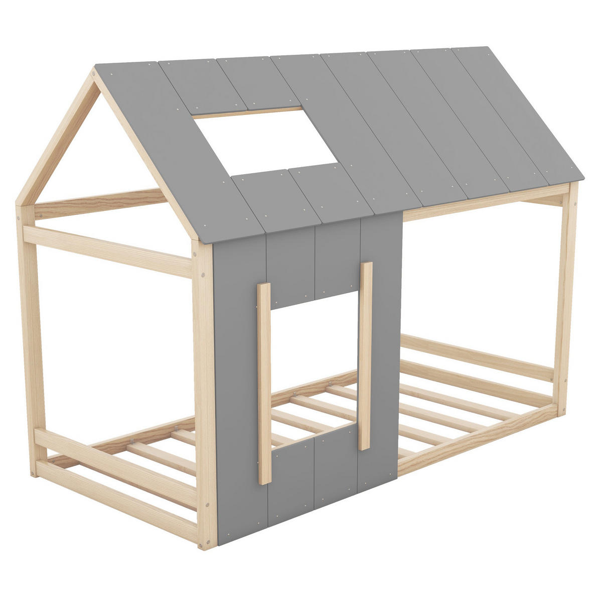 HAUSBETT 90/200 cm Natur/Grau aus Kiefernholz und MDF mit Haus-Design - Naturfarben, Holz (90/200cm) - OKMYHOME
