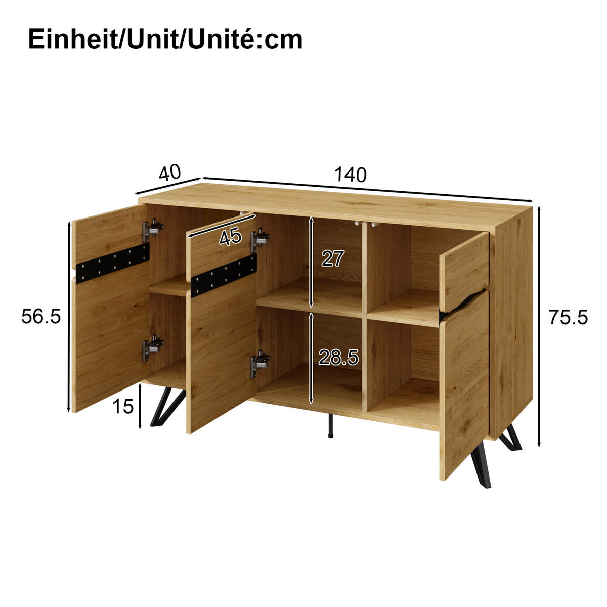 SIDEBOARD 140x40x75,5 cm, 3 Türen, Metallfüße, Holzfarben - Kastanienfarben, Holz (140/75/40cm)