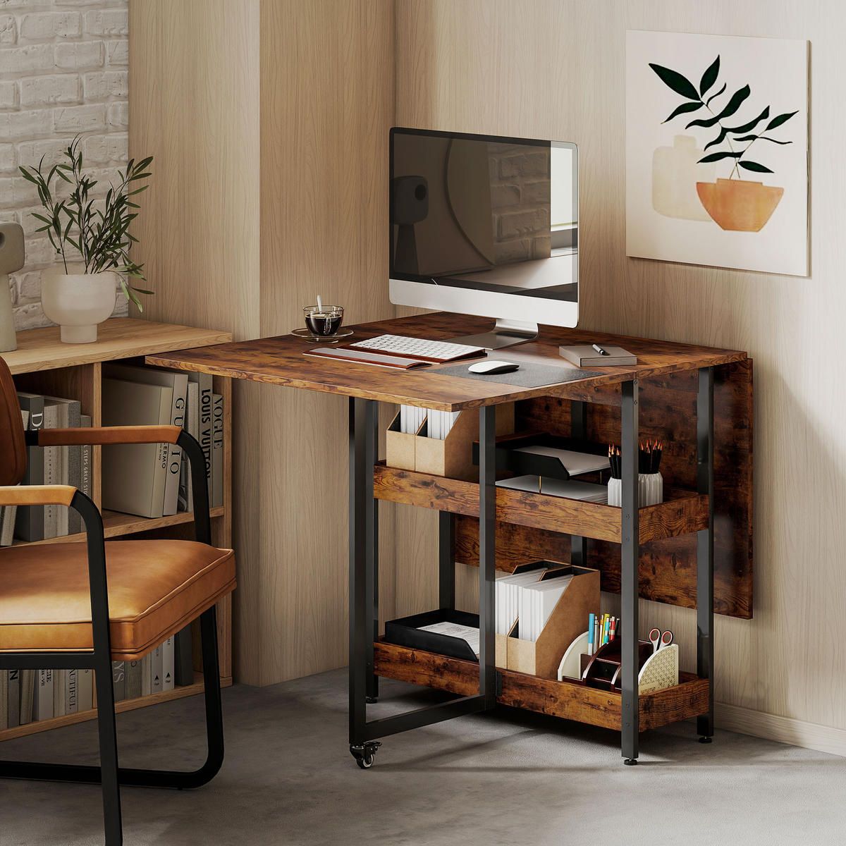 ESSTISCH Klappbar Küchentisch für 2-4 Personen mit 2 Offenen Ablagen, Rollen - Braun, Holz (133.4/80/75cm) - HOMCOM