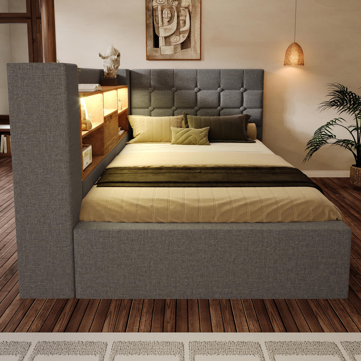 POLSTERBETT 90/200 cm Grau mit LED, USB und Stauraum ohne Matratze - Grau, Textil (90/200cm) - MIVRAY