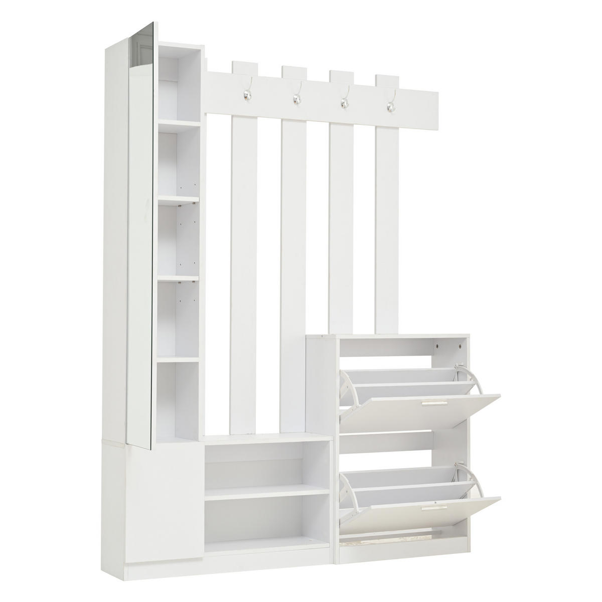 GARDEROBE mit Spiegel 5 Haken 2 Schuhschränken und Stauraum Weiß 135/25/180 cm - Weiß, Holzwerkstoff/Metall (135/180/25cm) - EVRYAE