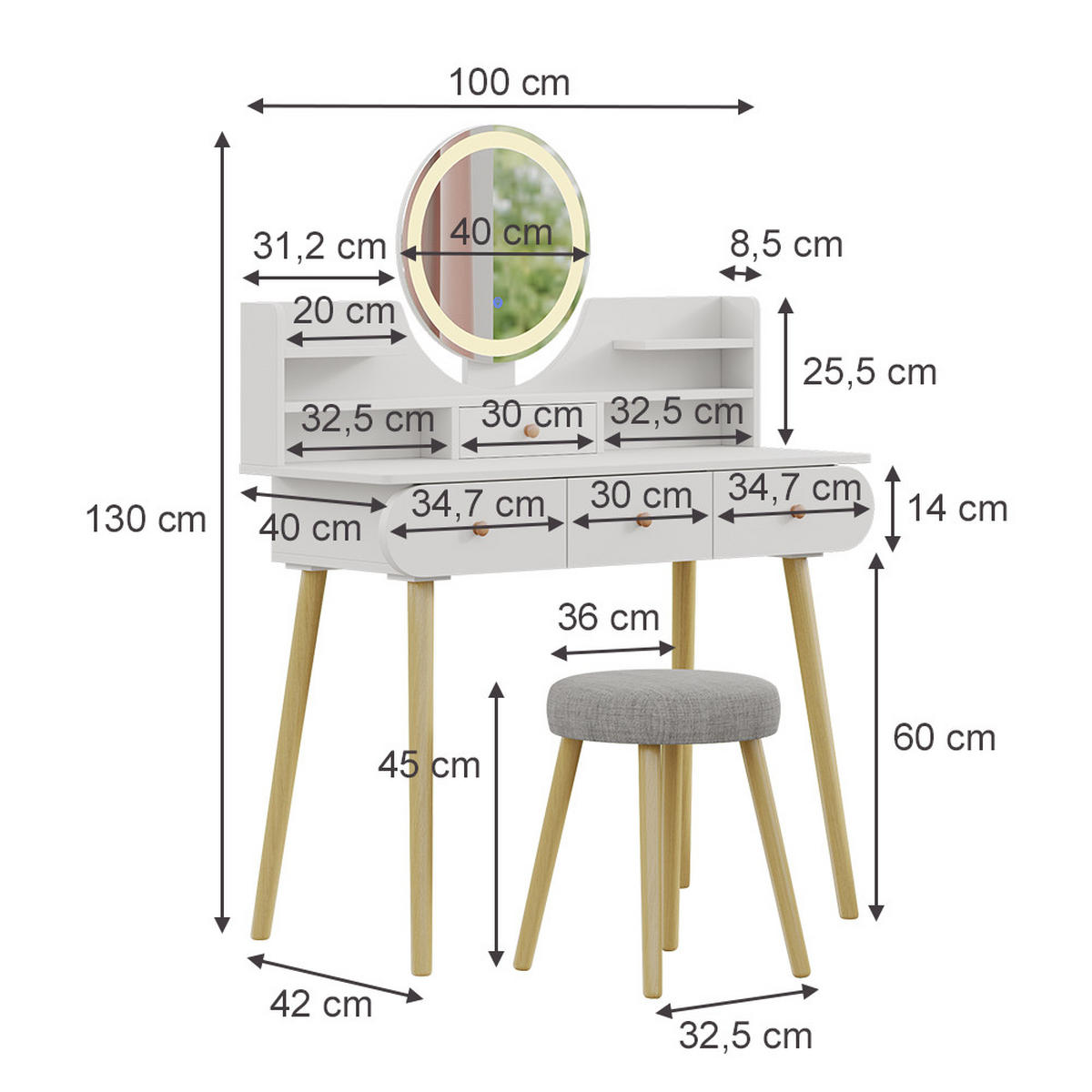 SCHMINKTISCH Edda Weiß 100 cm mit LED-Spiegel und Hocker - Weiß, Holzwerkstoff (100/130/40cm) - Vicco