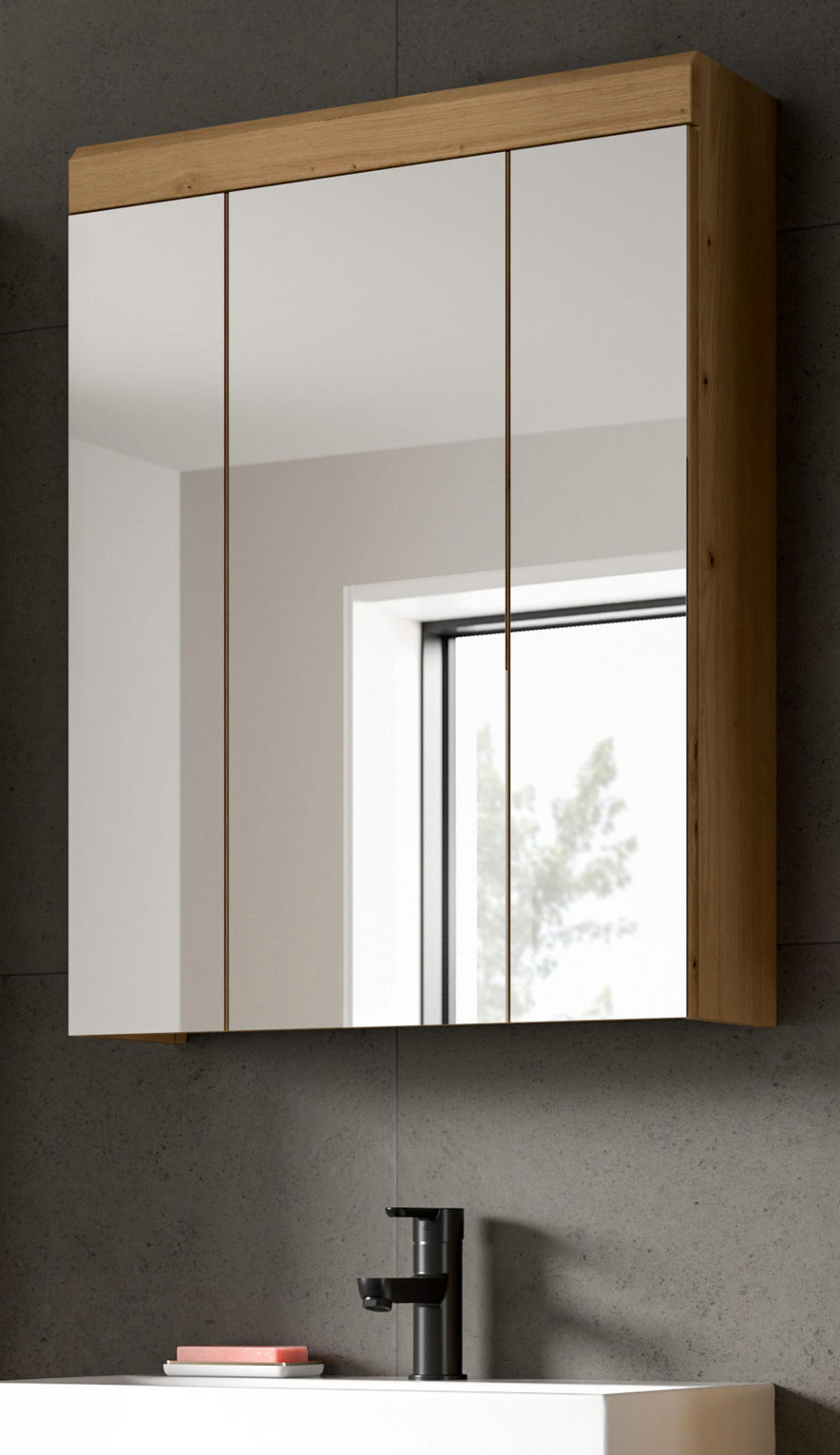 SPIEGELSCHRANK Salbei grün, Eiche Artisan 60 cm, Badschrank 3-türig - Eiche Artisan, Glas/Holzwerkstoff (60/79/18cm) - Inn.Furn