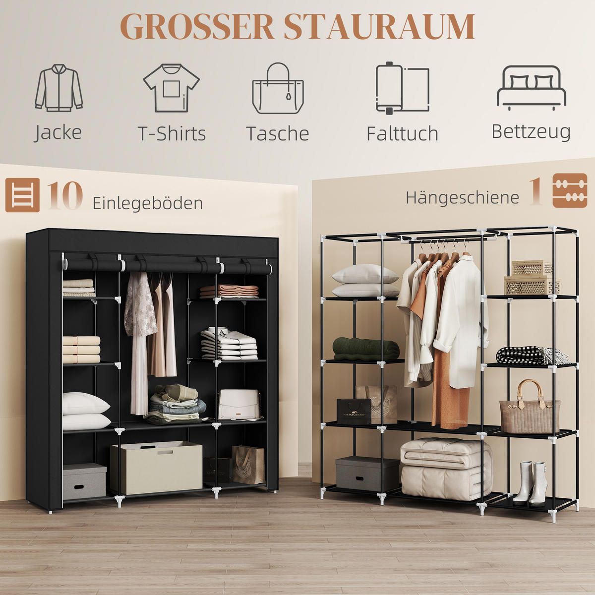 STOFFSCHRANK, Faltschrank mit Reißverschluss, Kleiderschrank, Tragbare Garderobe - Schwarz, Metall (43/162.5/150cm) - HOMCOM