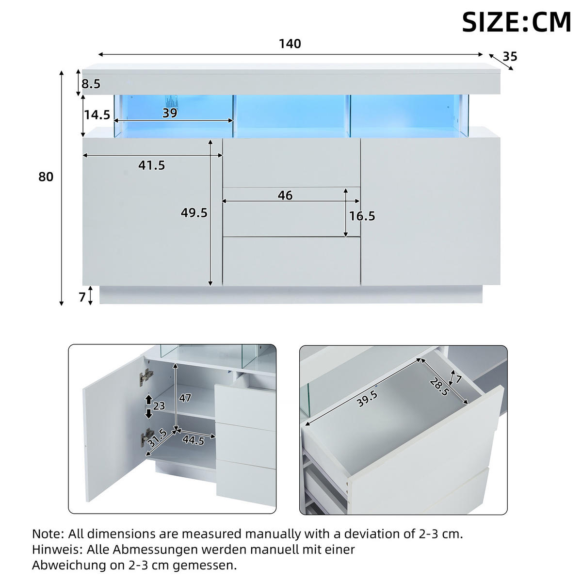 SIDEBOARD 140/35/80 cm mit LED-Beleuchtung, 3 Schubladen und 2 Türen, Hochglanz mit Acryl-Details, Weiß - Weiß, Holzwerkstoff (140/80/35cm) - Redom