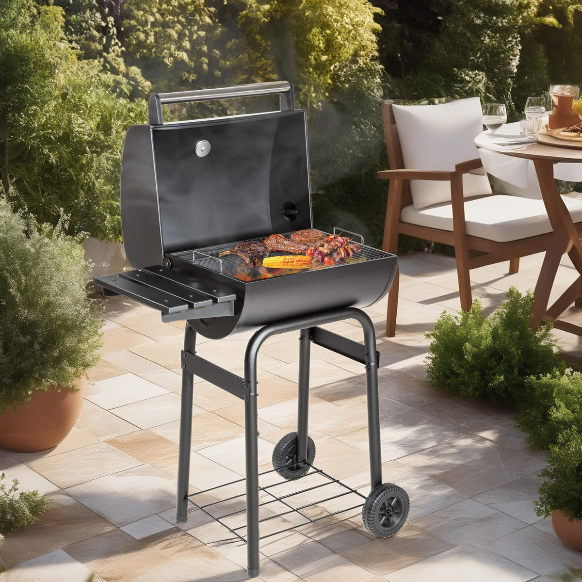 HOLZKOHLEGRILL ,85 x 48 x 123 cm,schwarz - Schwarz, Metall (48/123/85cm) - tectake