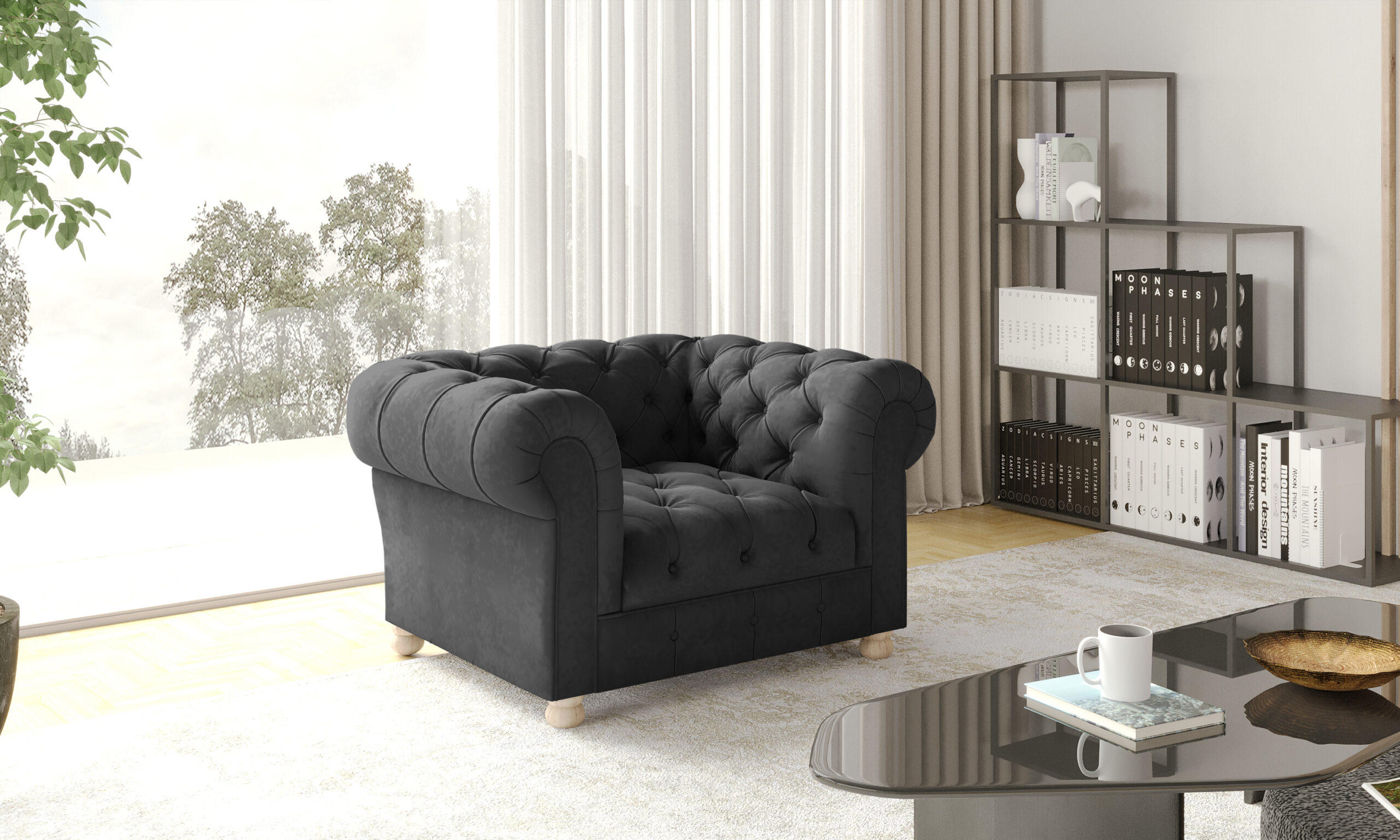 SESSEL CHESTERFIELD Elegant Klassisch Schick Stoff Whisper Velours Graphit - Graphitfarben, Holz (112/77/90cm) - Kaiser Möbel