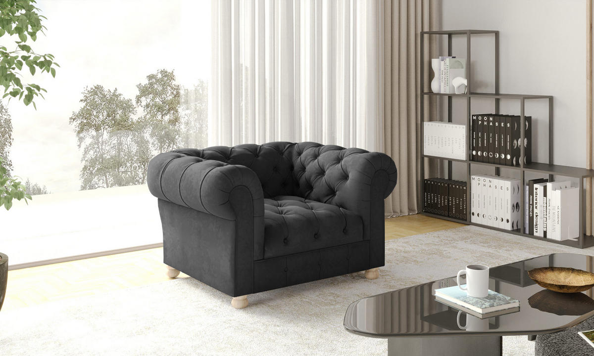 SESSEL CHESTERFIELD Elegant Klassisch Schick Stoff Whisper Velours Graphit - Graphitfarben, Holz (112/77/90cm) - Kaiser Möbel