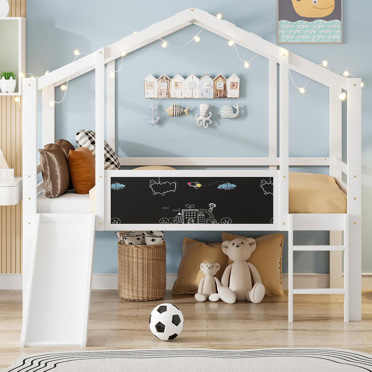 HOCHBETT 90/200 cm Dachboden-Design mit Rutsche und Tafel Weiß mit Matratze - Weiß, Holzwerkstoff (90/200cm) - OKWISH