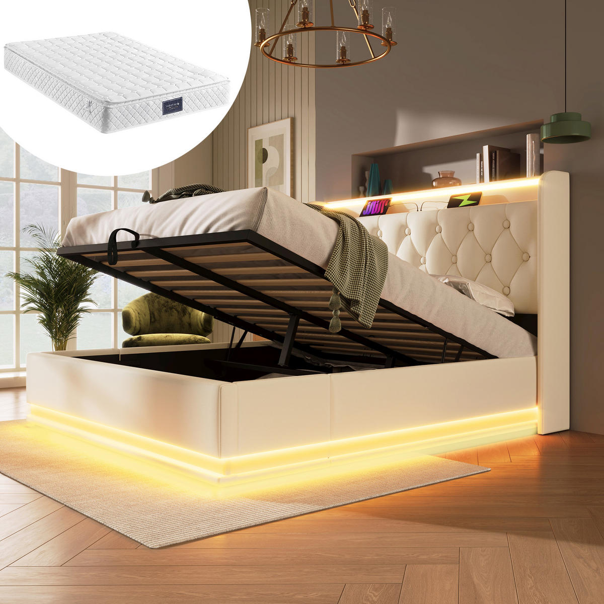 POLSTERBETT mit LED, Stauraum & Matratze 140x200 cm PU Weiß - Weiß, Metall (140/200cm) - Meubliv