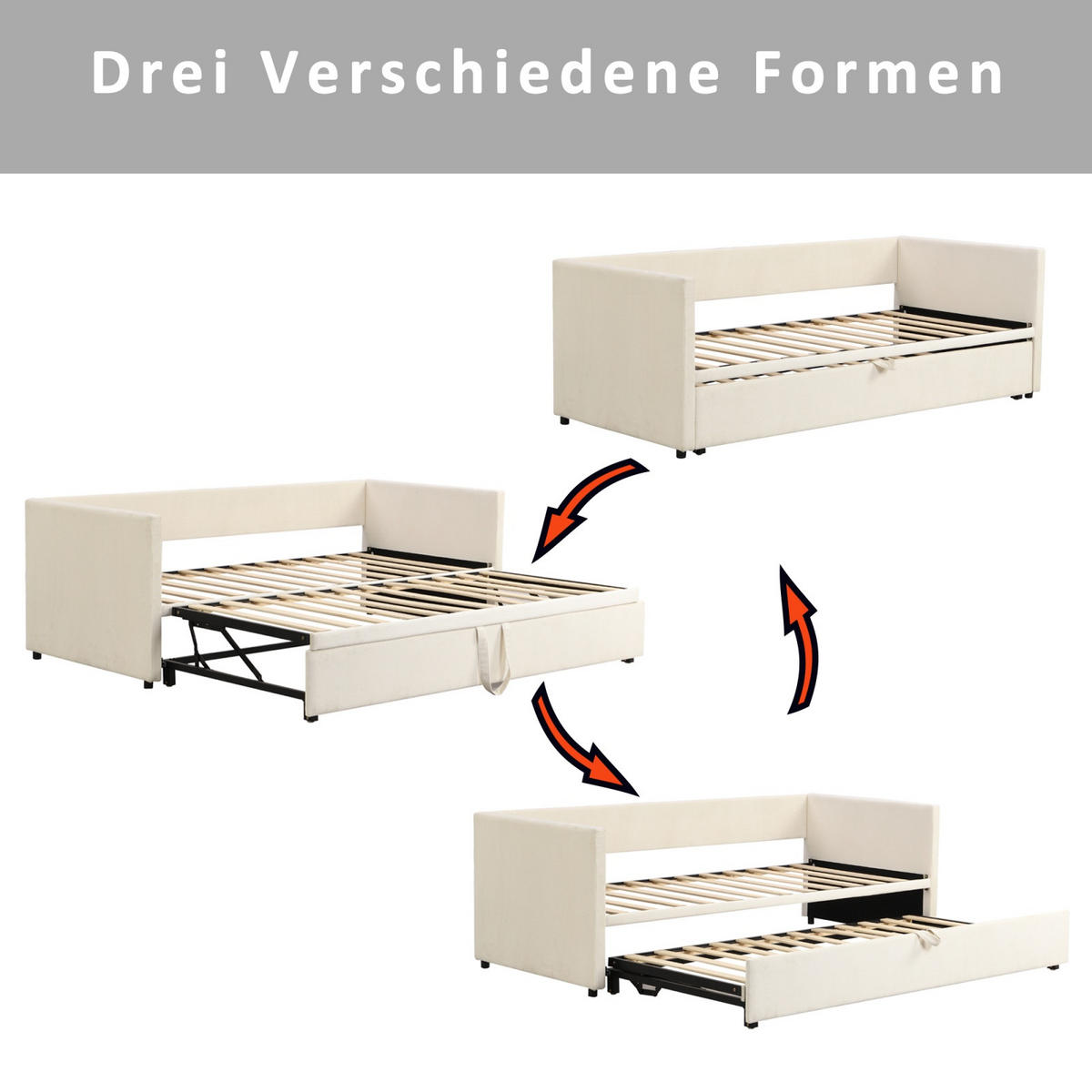POLSTERBETT Velvet Comfort Polster-Tages 90-180x200 cm ausziehbar mit Gästebett-Funktion, Samt, Beige - Beige, Textil (90/200cm) - DELFA