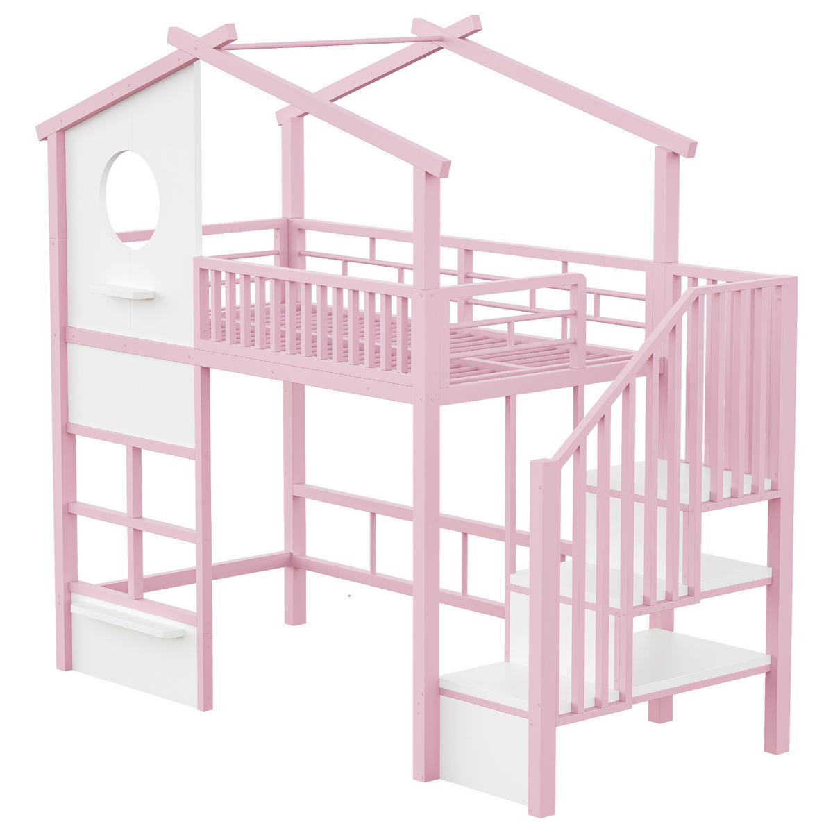 HOCHBETT 90/200 cm mit LED und Stauraumtreppe, DE-41612, in Rosa - Pink, Metall (90/200cm) - ComfortXL