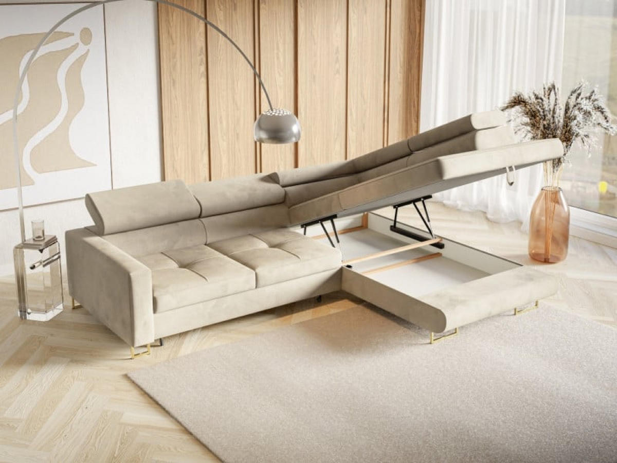 ECKSOFA Gold MERY Mit Verstellbaren Kopfstützen Rechts Ausziehbar - Ecru/Goldfarben, Textil (200/250cm) - Sepro Meble