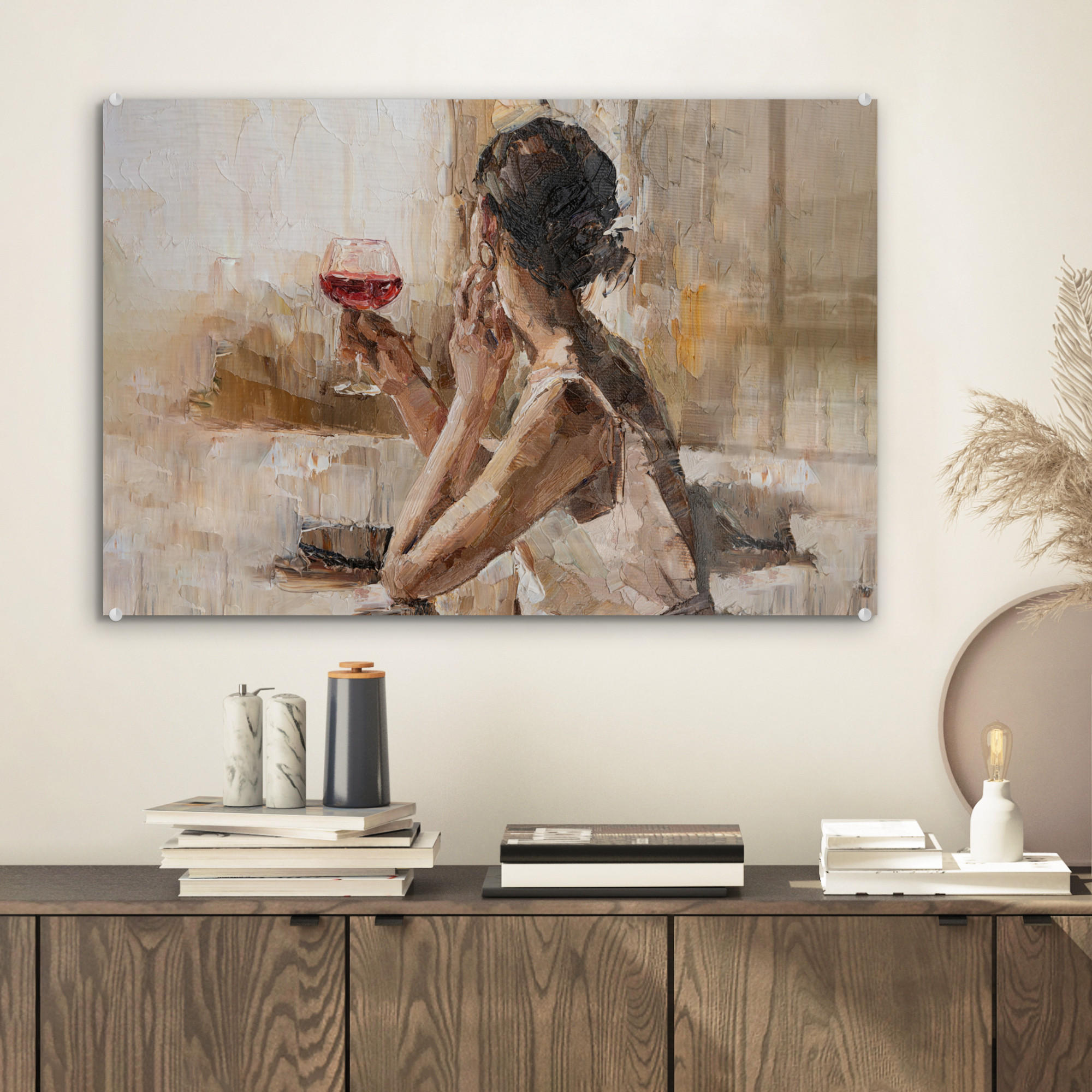 ACRYLGLASBILD Ölgemälde - Frau - Wein 60x40 cm - Hellbraun, Glas (60/40cm) - MuchoWow