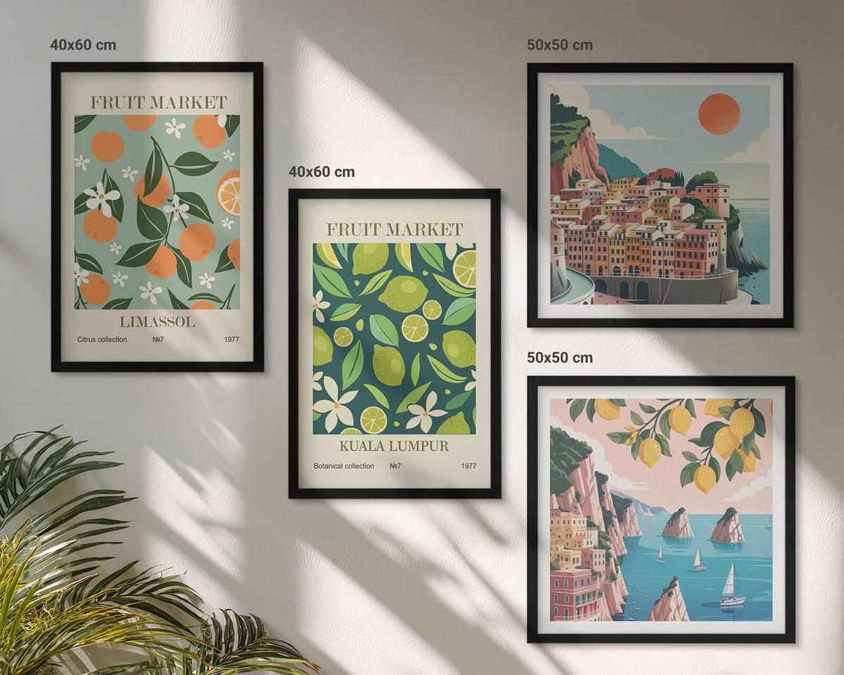 BILDER SET 4er Set - 50x50 cm & 40x60 cm Schwarzer Rahmen - Vintage-Poster mit Fruchtmustern - Schwarz, Kunststoff (50/50cm) - TULUP
