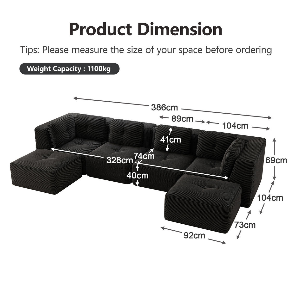 ECKSOFA 386/177/69 cm schwarz aus Cord modular ohne Aufbau - Schwarz, Textil (177/386cm) - OKWISH