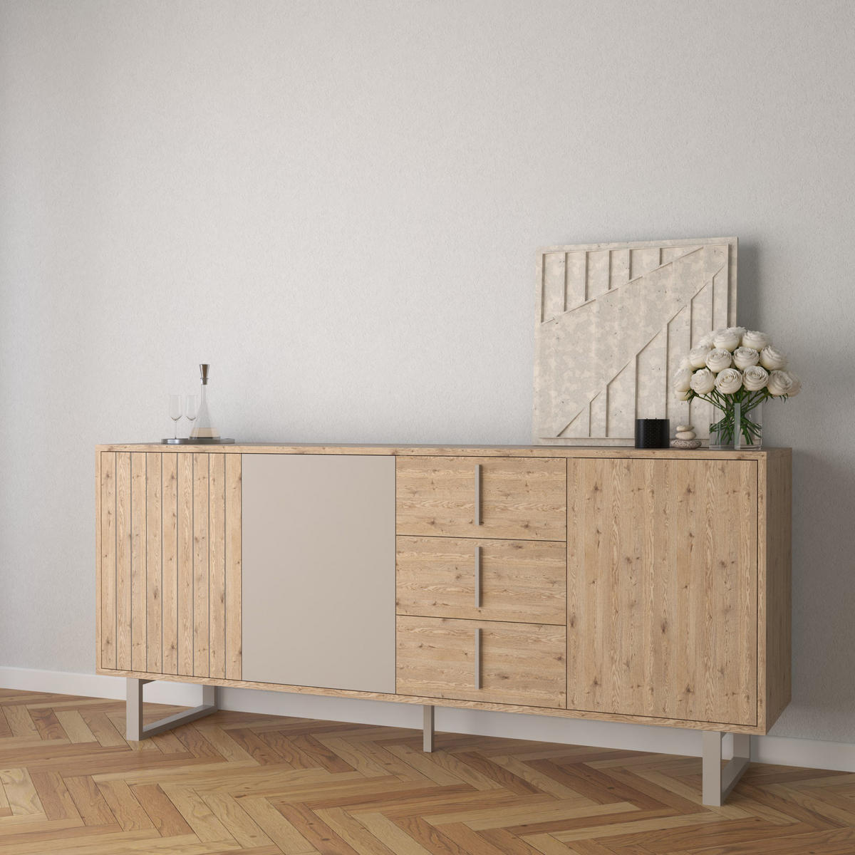 SIDEBOARD 3 Türen und 3 Schubladen B180 cm - MILLAY - Grau, Holz (40/80/180cm) - Calicosy