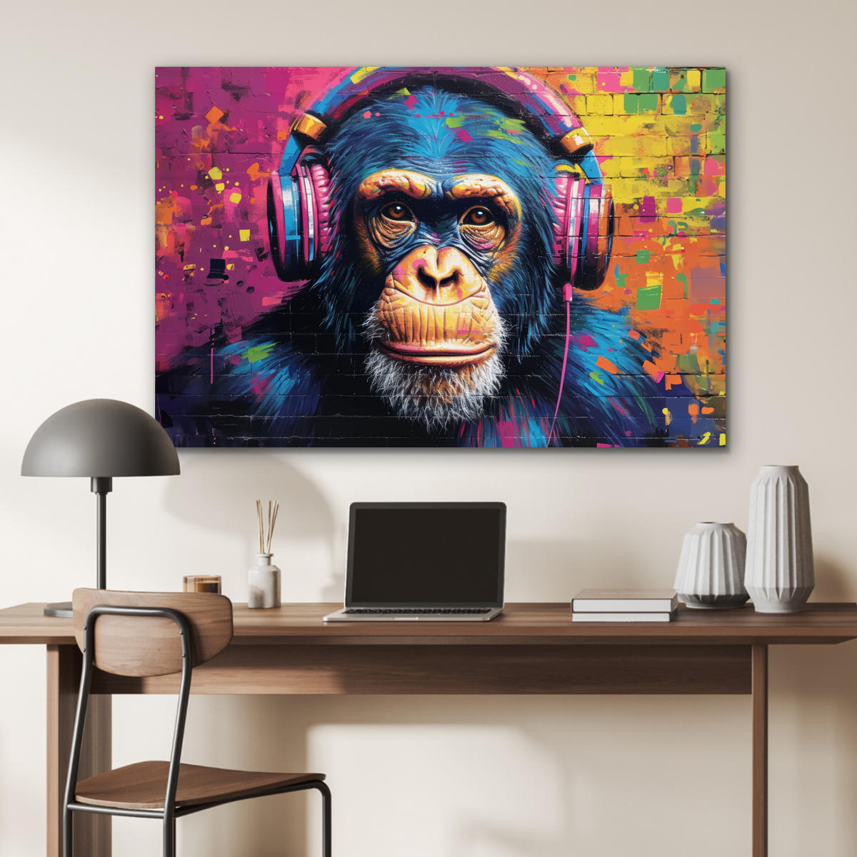 METALLBILD Graffiti - Schimpanse - Straßenkunst - Kopfhörer - Affe 90x60 cm - Blau, Metall (90/60cm) - MuchoWow
