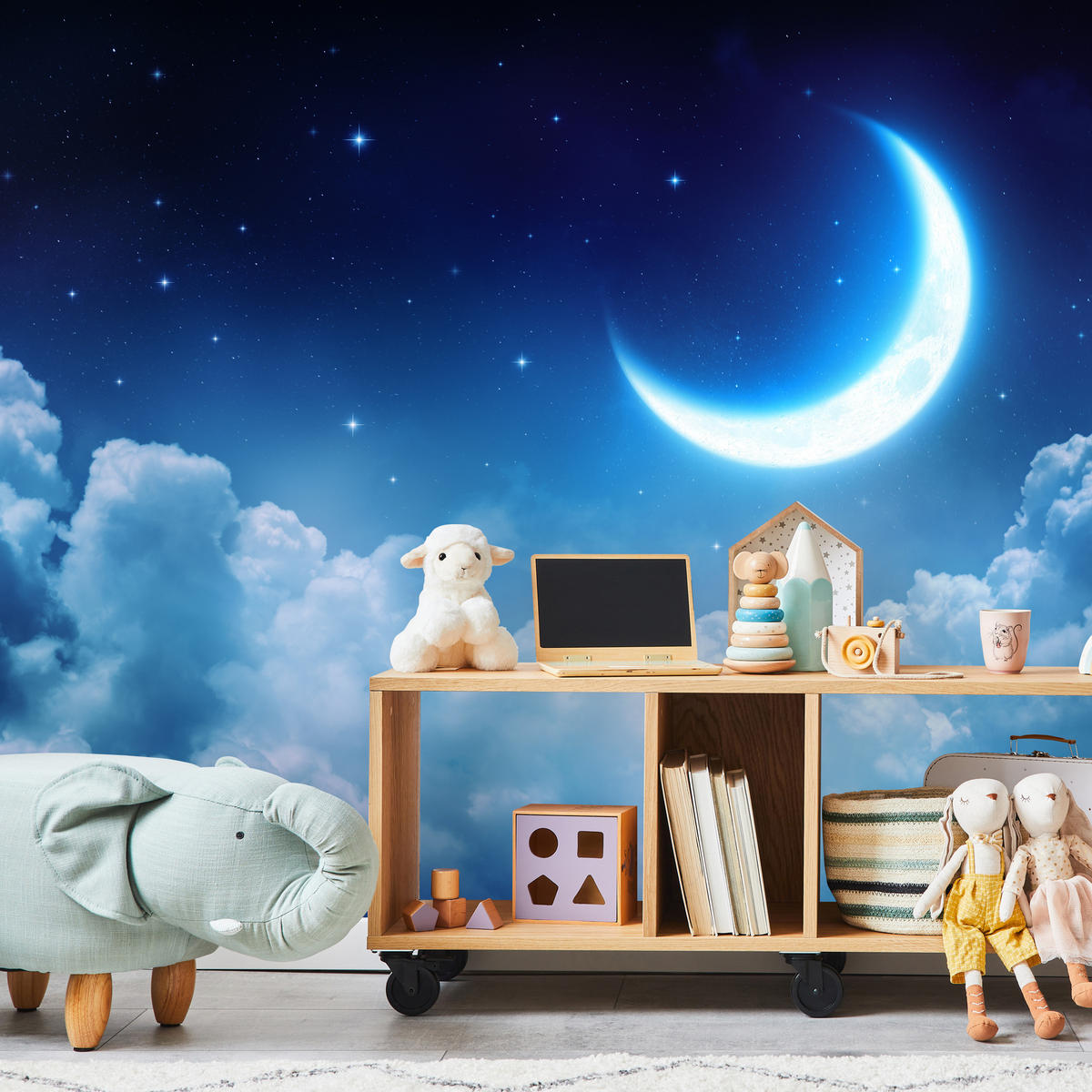 FOTOTAPETE für Schlafzimmer Himmel Wolken Mond Sterne 300x210 - Blau/Dunkelblau, Papier (300/210cm) - Muralo